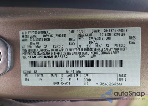 2021 Ford Escape Sel из США, поврежденный, VIN 1FMCU9H69MUB35132